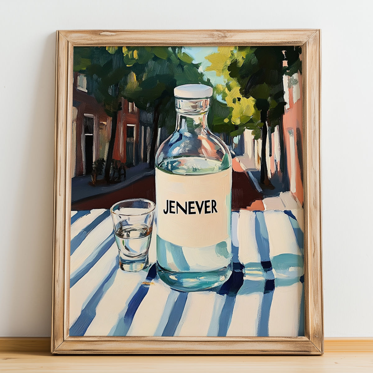 Jenever – Dutch Café on the Corner, Dutch Spirit Poster, no-text version framed in wood