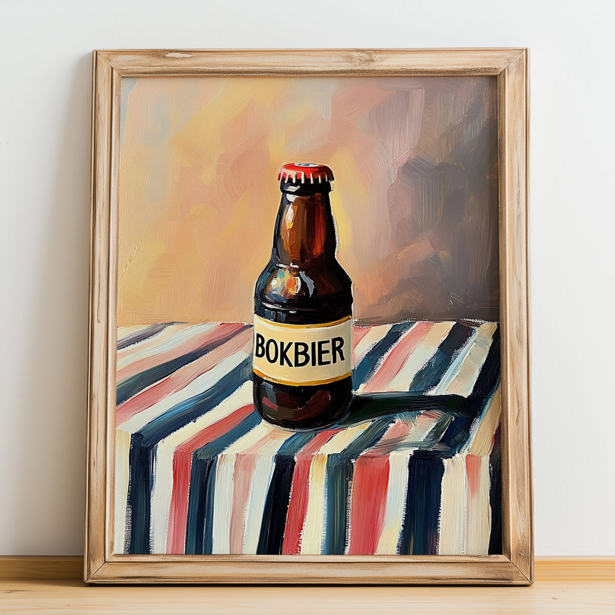Bokbier – on Striped Tablecloth, Dutch Beer Painting, no-text version framed in wood