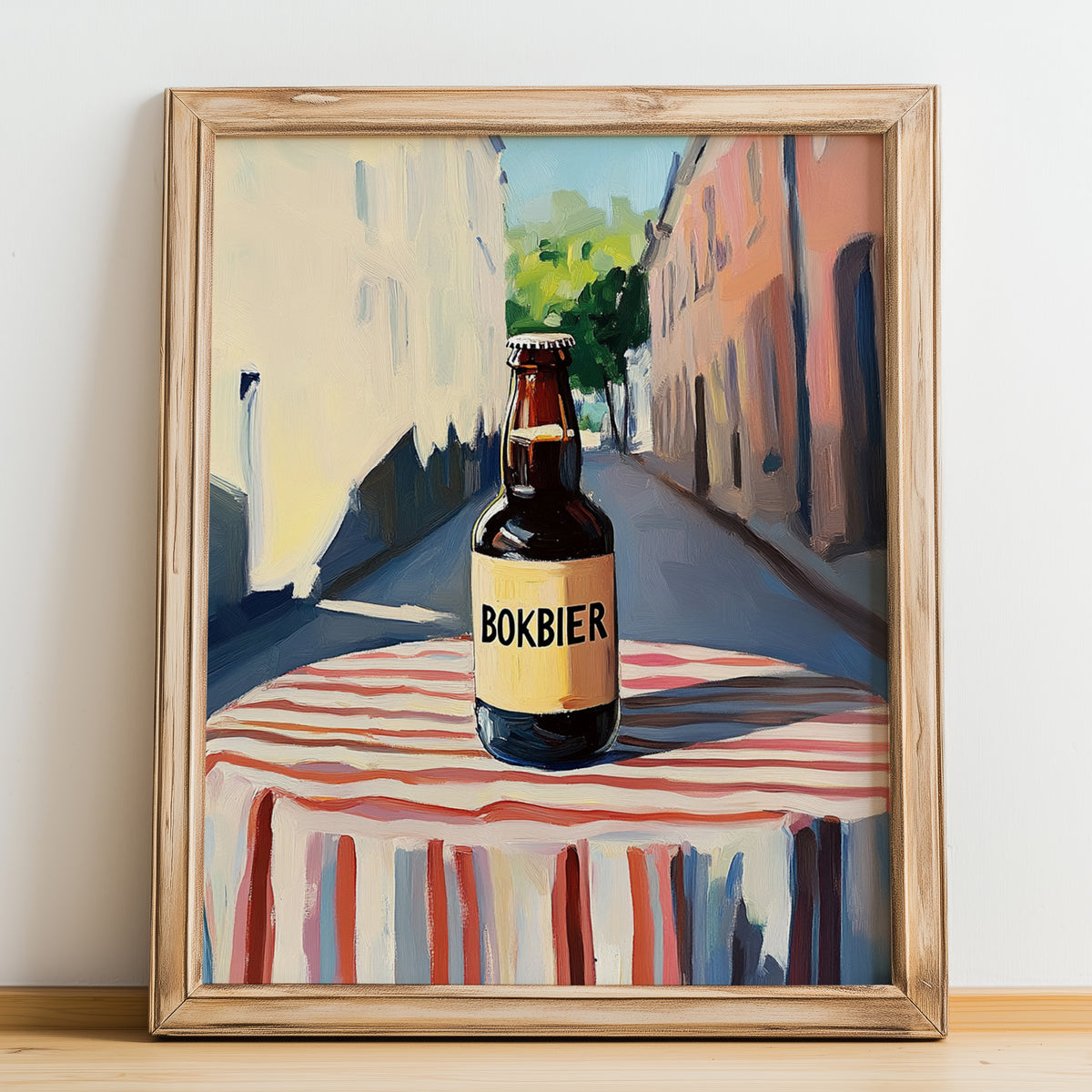 Bokbier – Dutch Street Café Scene, Dutch Beer Still Life, no-text version framed in wood