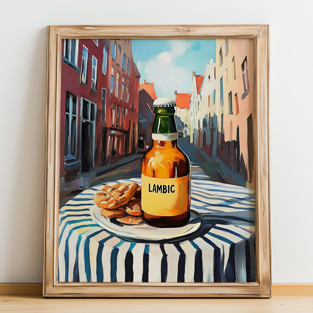 Lambic – Belgian Urban Café Scene, Belgian Coffee Print, no-text version framed in wood