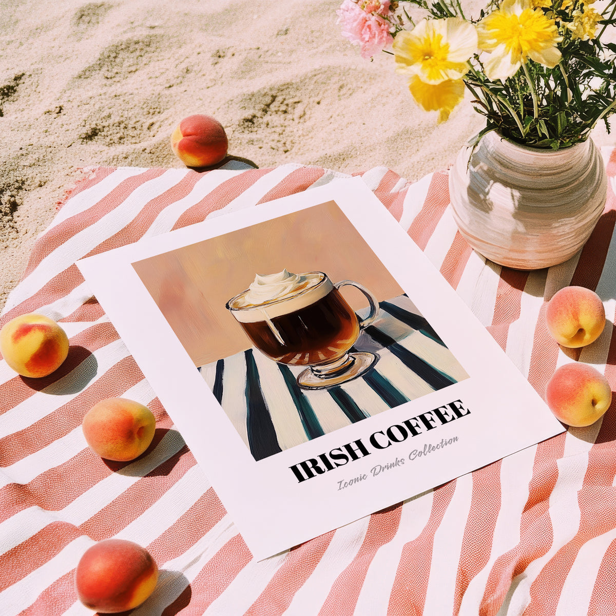 Irish Coffee – on Striped Tablecloth, Irish Drink Wall Decor, unframed on coastal sand