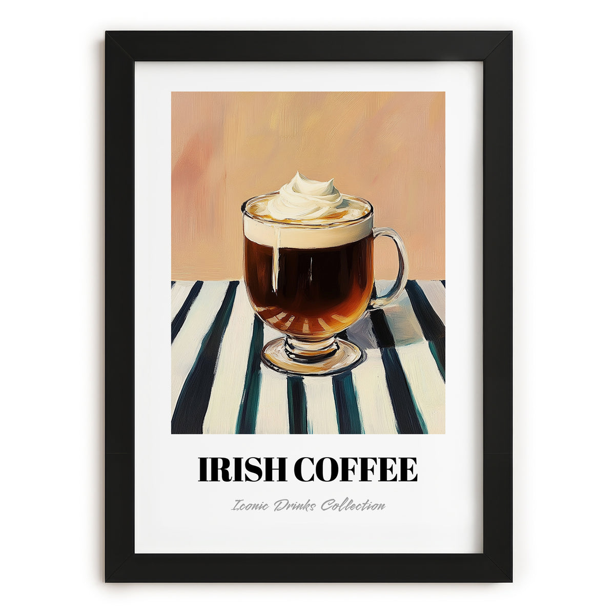 Irish Coffee – on Striped Tablecloth, Irish Drink Wall Decor, in sleek black frame