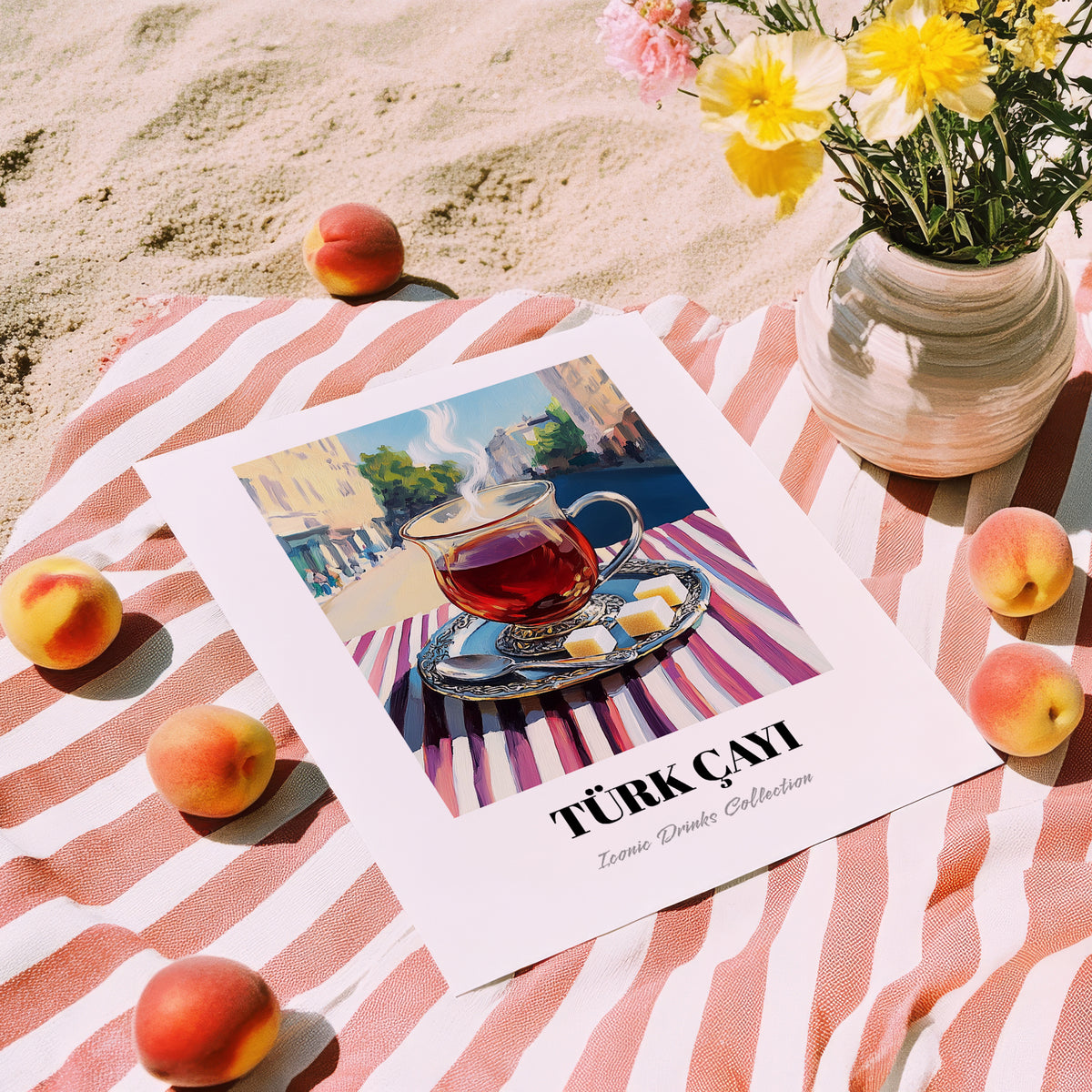 Türk Çayı – Turkish Outdoor Café Scene, Turkish Tea Poster, unframed on coastal sand