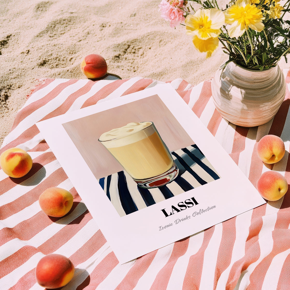 Lassi – on Striped Tablecloth, Pakistani Beverage Painting, unframed on coastal sand