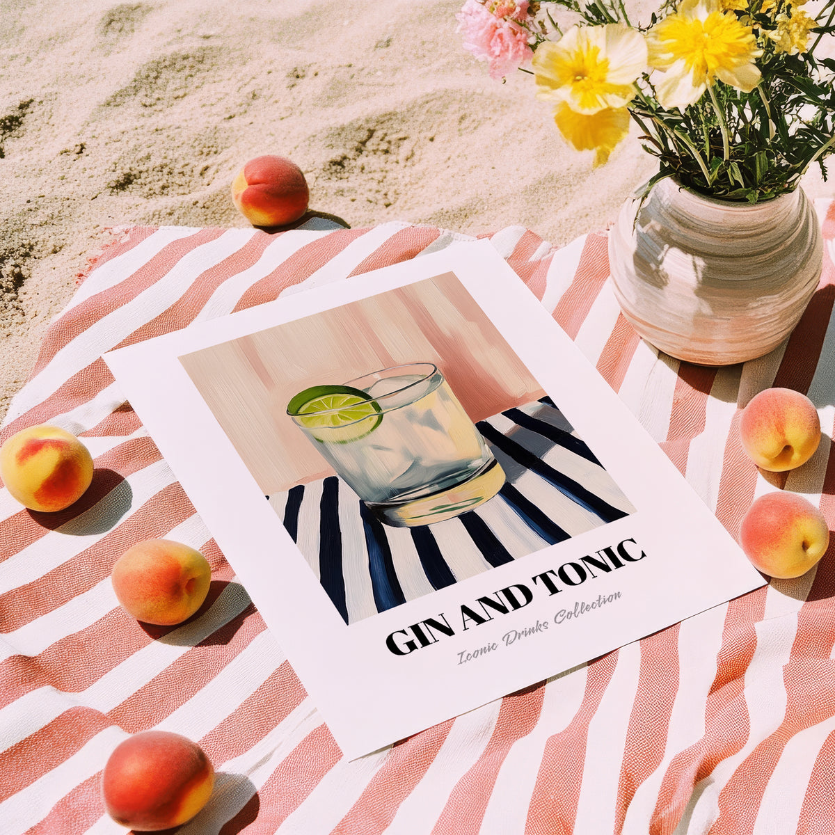 Gin And Tonic – on Striped Tablecloth, English Cocktail Painting, unframed on coastal sand