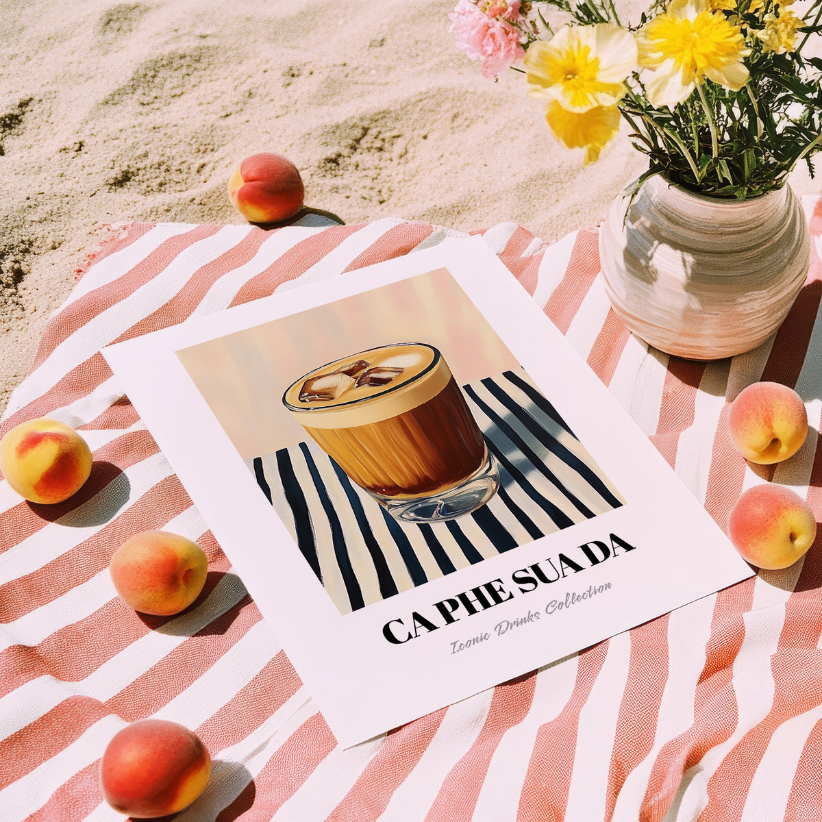 Cà Phê Sữa Đá – on Striped Tablecloth, Vietnamese Beverage Poster, unframed on coastal sand