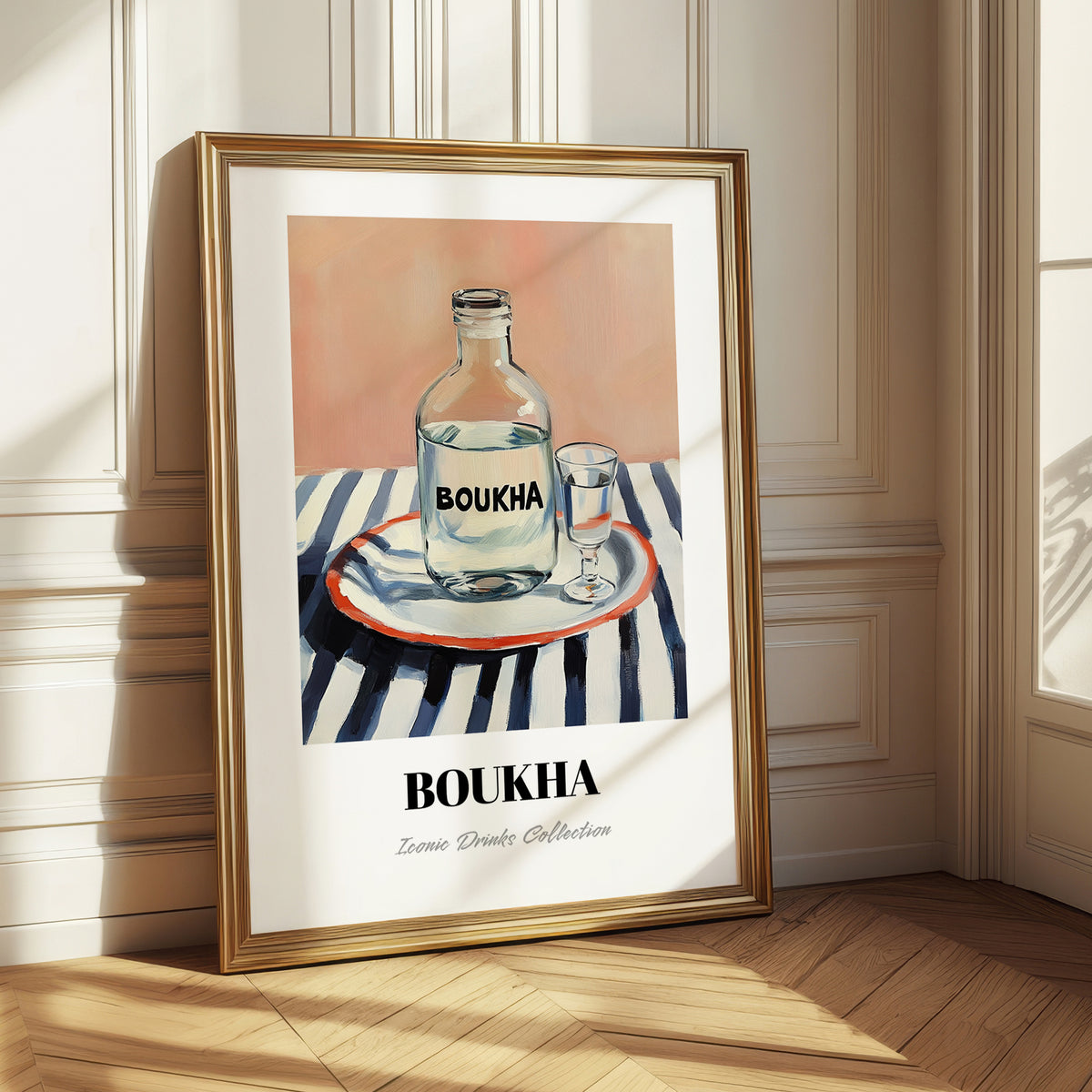 Boukha – on Striped Tablecloth, Tunisian Wine Still Life