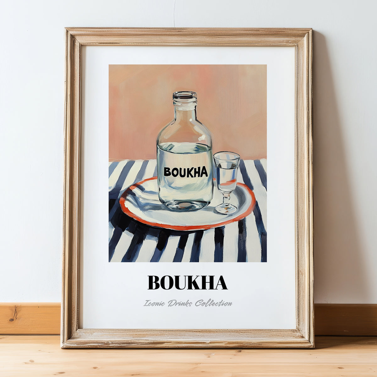 Boukha – on Striped Tablecloth, Tunisian Wine Still Life, in wooden frame leaning on the floor