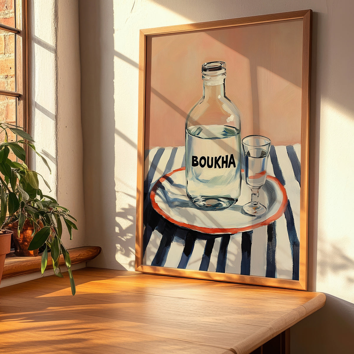 Boukha – on Striped Tablecloth, Tunisian Wine Still Life, clean layout with no caption