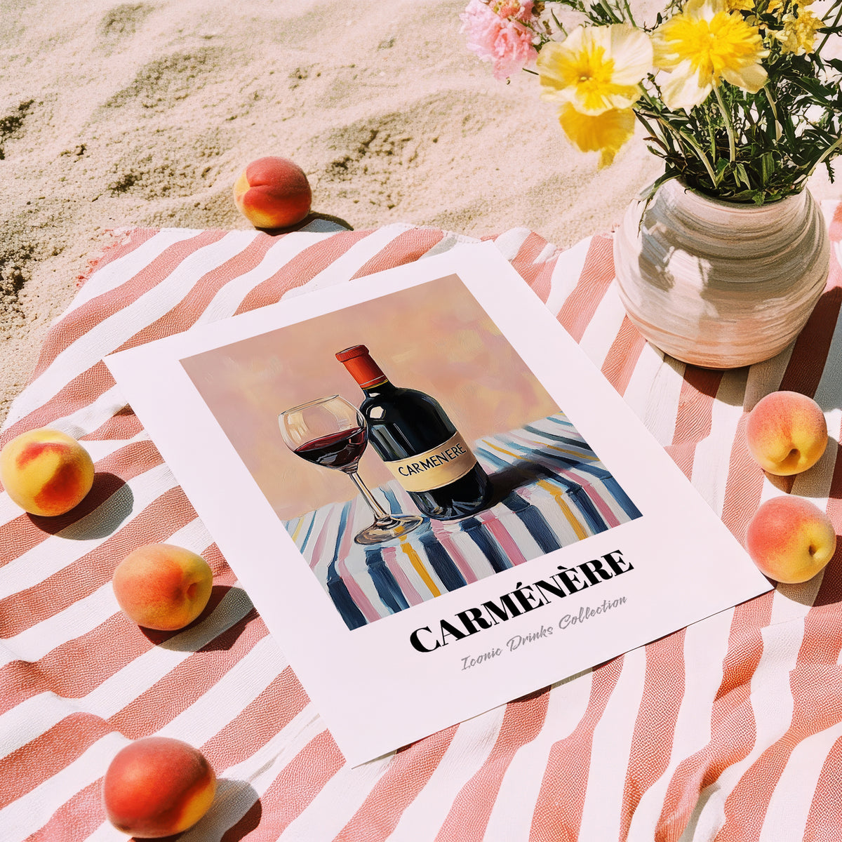 Carménère – on Striped Tablecloth, Chilean Beverage Painting, unframed on coastal sand