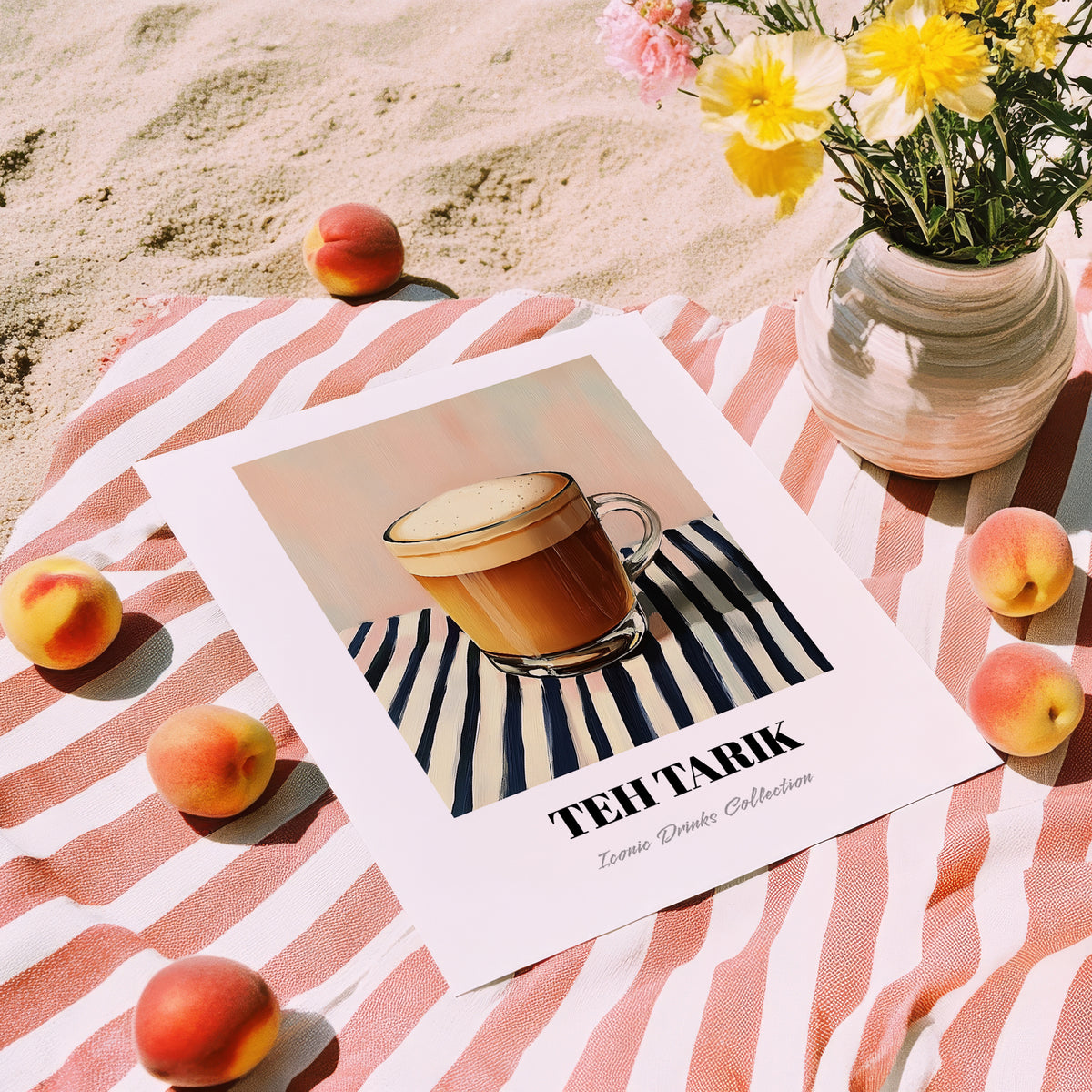 Teh Tarik – on Striped Tablecloth, Malaysian Tea Painting, unframed on coastal sand