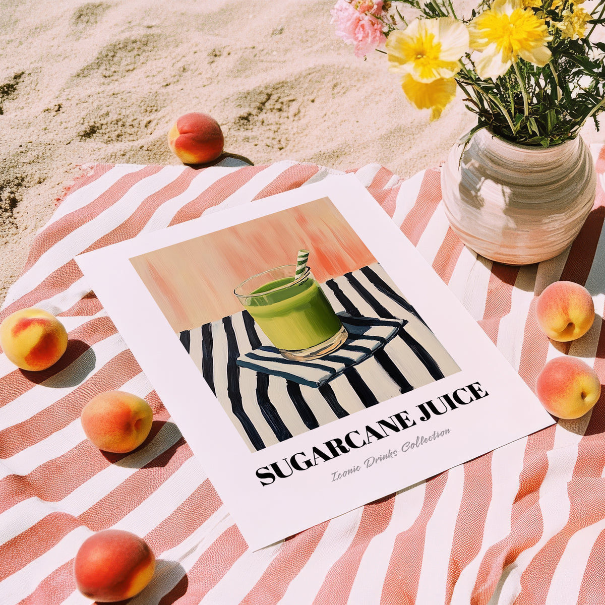 Sugarcane Juice – on Striped Tablecloth, Egyptian Beverage Still Life, unframed on coastal sand