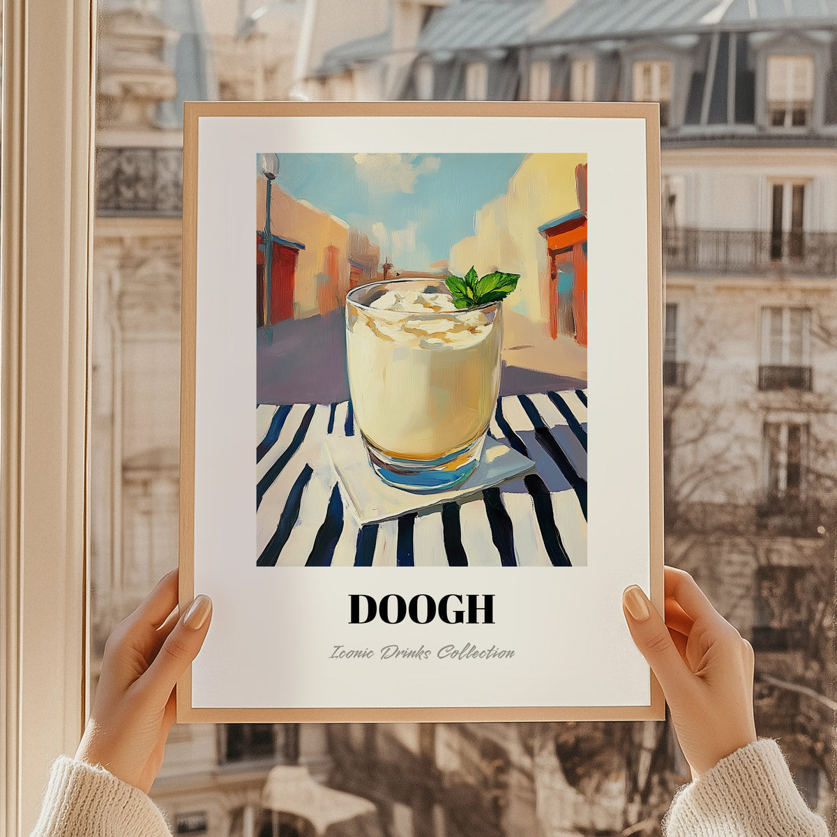 Doogh – Iranian Street Café Scene, Iranian Beverage Still Life, styled in a charming Paris street view