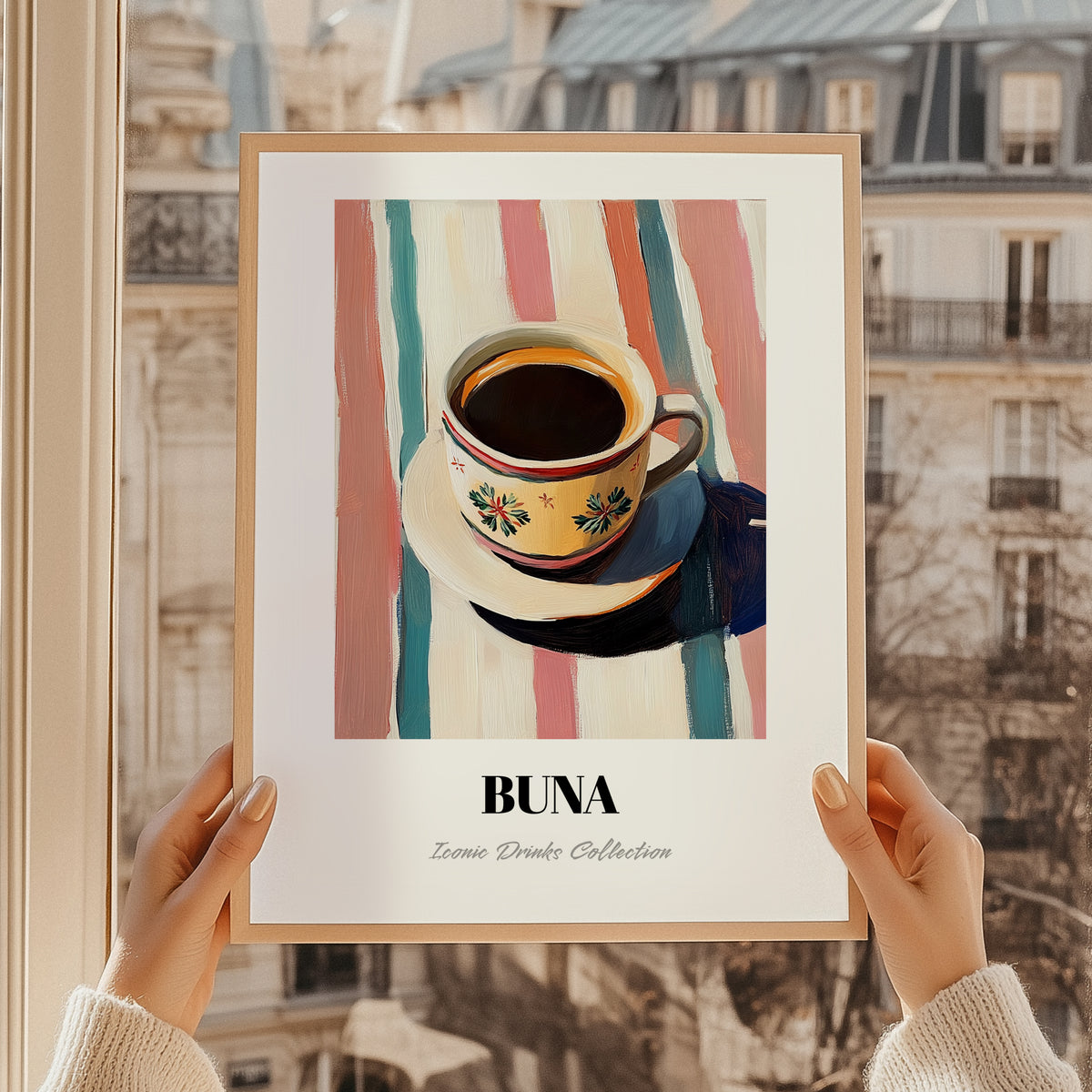 Buna – on Striped Tablecloth, Ethiopian Coffee Painting, styled in a charming Paris street view