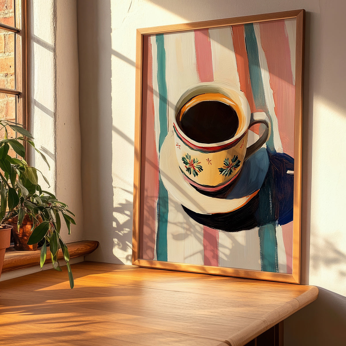 Buna – on Striped Tablecloth, Ethiopian Coffee Painting, clean layout with no caption