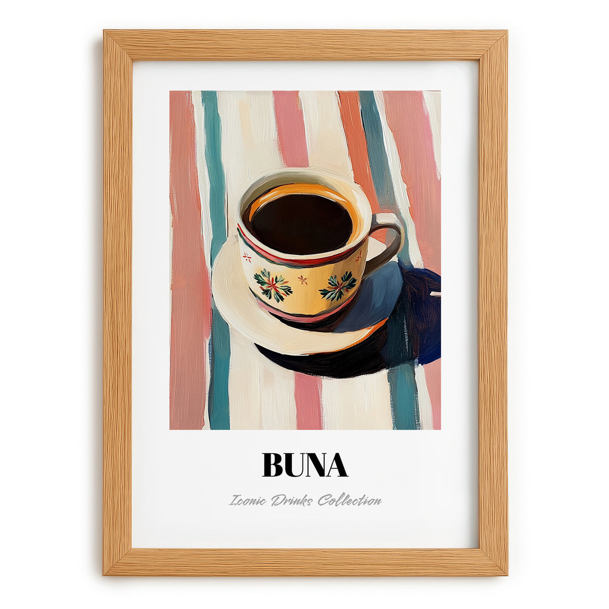 Buna – on Striped Tablecloth, Ethiopian Coffee Painting, set in oak frame