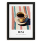 Buna – on Striped Tablecloth, Ethiopian Coffee Painting, in sleek black frame