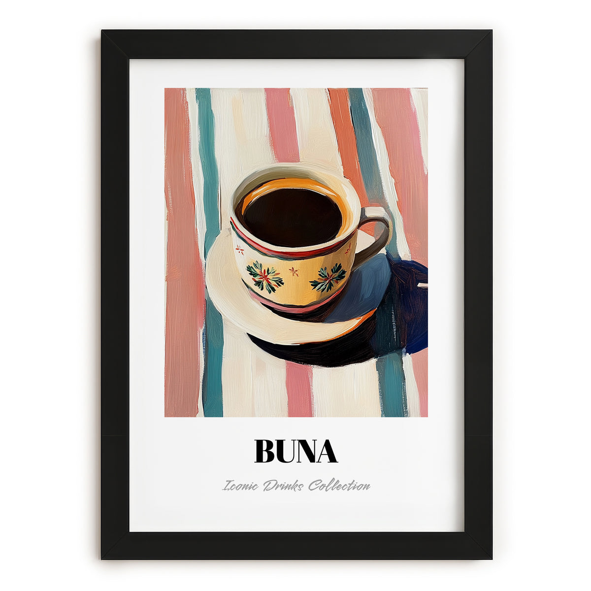 Buna – on Striped Tablecloth, Ethiopian Coffee Painting, in sleek black frame