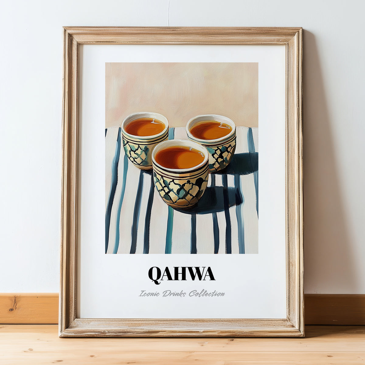Qahwa – on Striped Tablecloth, Saudi Beverage Wall Decor, in wooden frame leaning on the floor