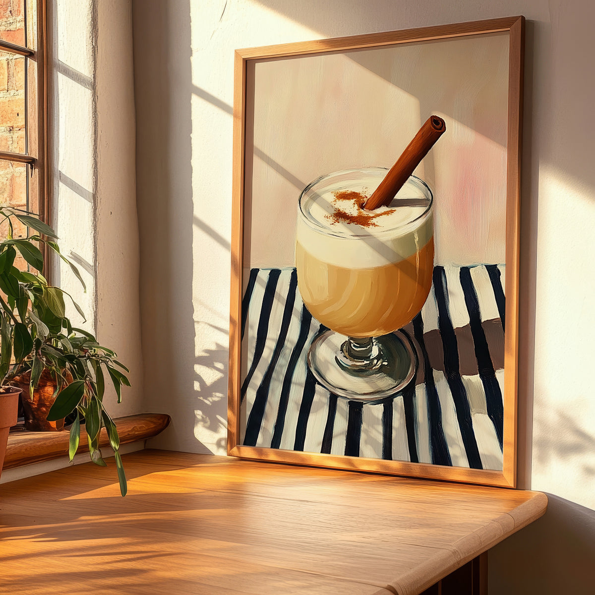 Ponche Crema – on Striped Tablecloth, Venezuelan Beverage Still Life, clean layout with no caption