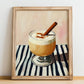 Ponche Crema – on Striped Tablecloth, Venezuelan Beverage Still Life, no-text version framed in wood