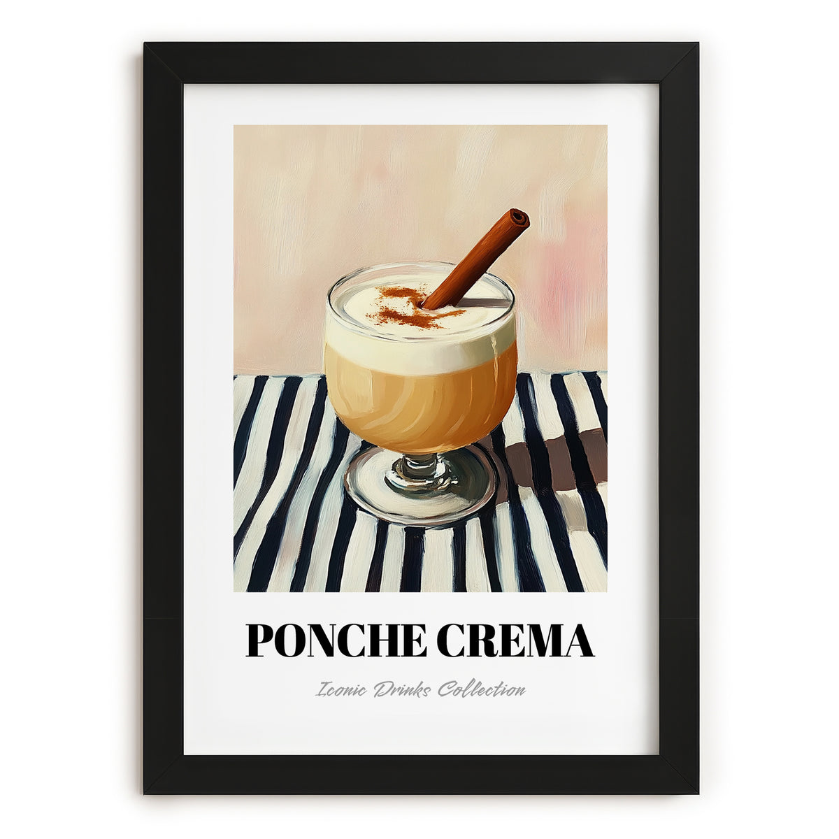 Ponche Crema – on Striped Tablecloth, Venezuelan Beverage Still Life, in sleek black frame