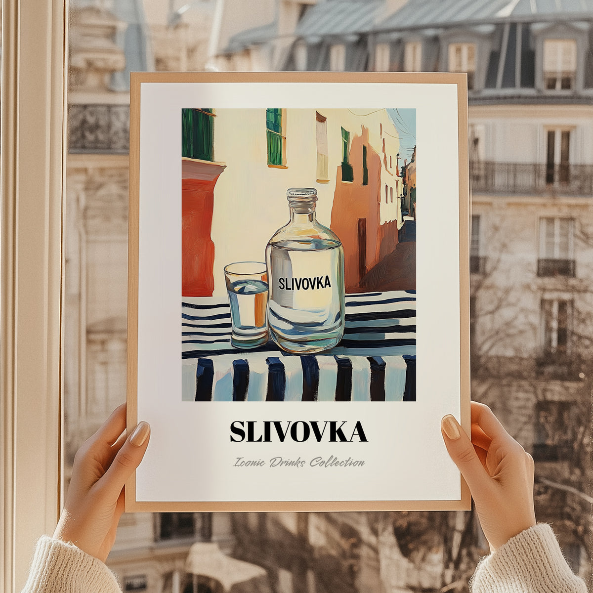 Slivovka – Slovenian Street Café Scene, Slovenian Spirit Still Life, styled in a charming Paris street view
