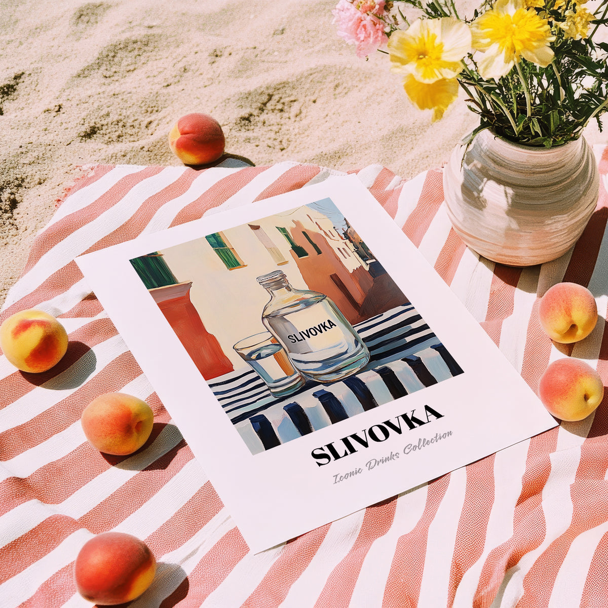Slivovka – Slovenian Street Café Scene, Slovenian Spirit Still Life, unframed on coastal sand