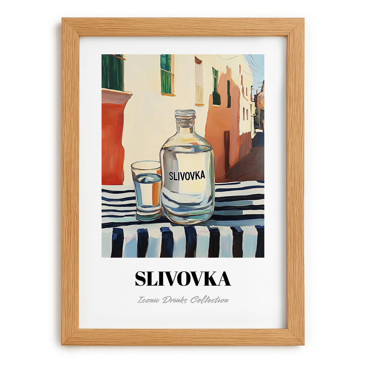 Slivovka – Slovenian Street Café Scene, Slovenian Spirit Still Life, set in oak frame