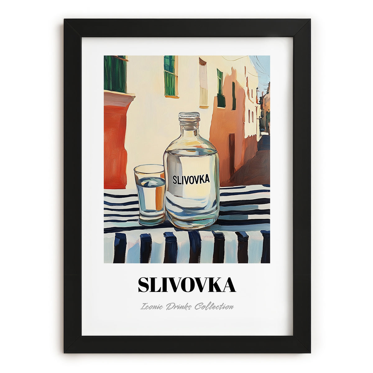 Slivovka – Slovenian Street Café Scene, Slovenian Spirit Still Life, in sleek black frame