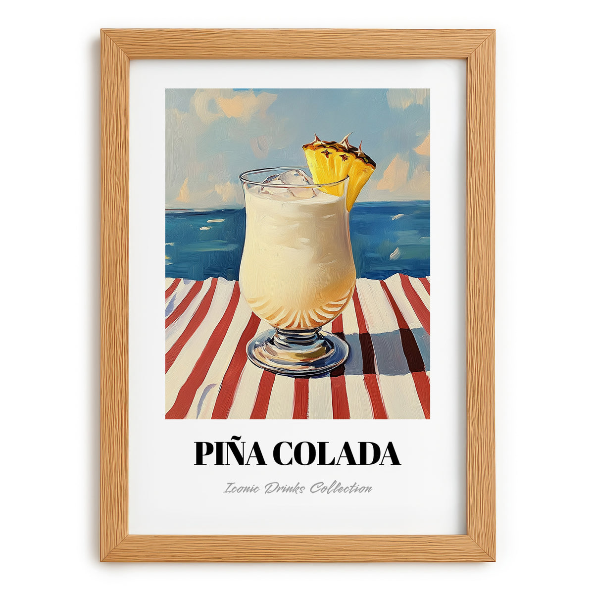 Piña Colada – Puerto Rican Coastal Café Moment, Puerto Rican Cocktail Poster, set in oak frame