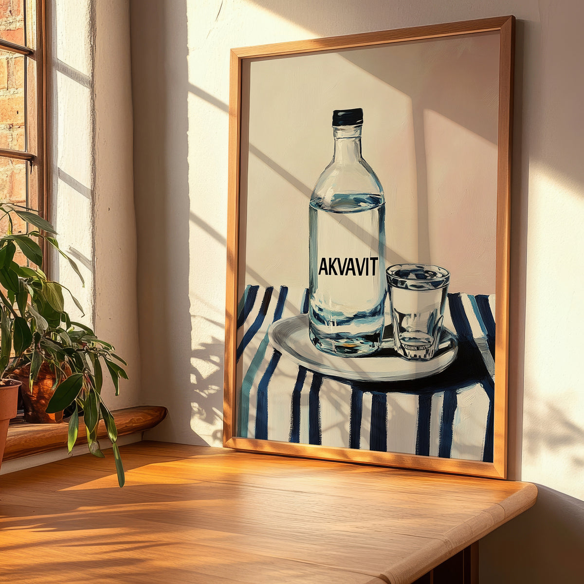 Akvavit – on Striped Tablecloth, Danish Spirit Poster, clean layout with no caption