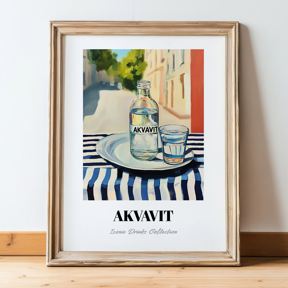 Akvavit – Danish Café on the Corner, Danish Spirit Still Life, in wooden frame leaning on the floor