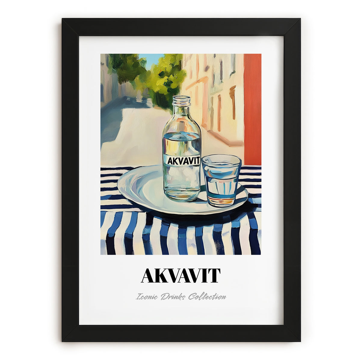 Akvavit – Danish Café on the Corner, Danish Spirit Still Life, in sleek black frame