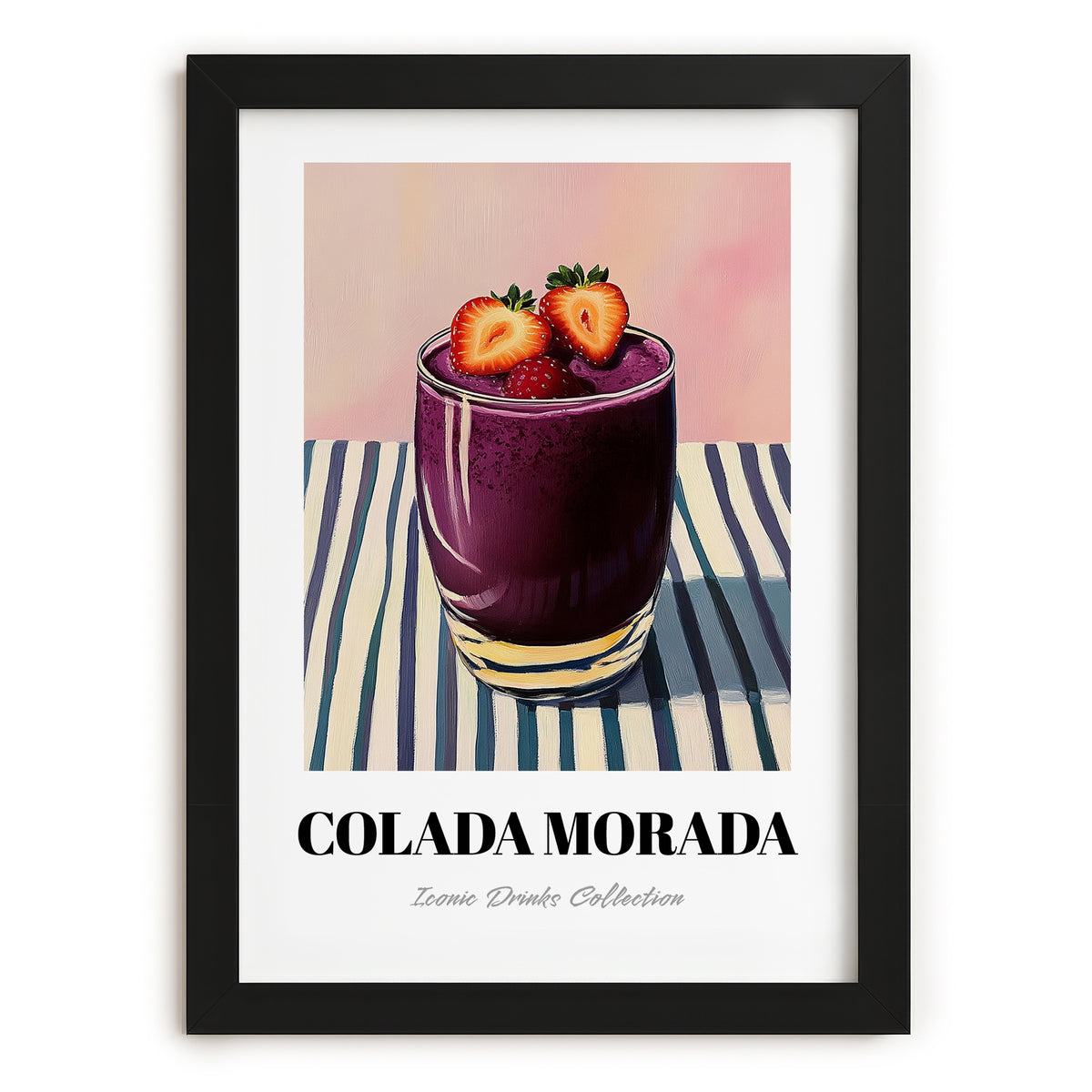 Colada Morada – on Striped Tablecloth, Ecuadorian Beverage Painting, in sleek black frame