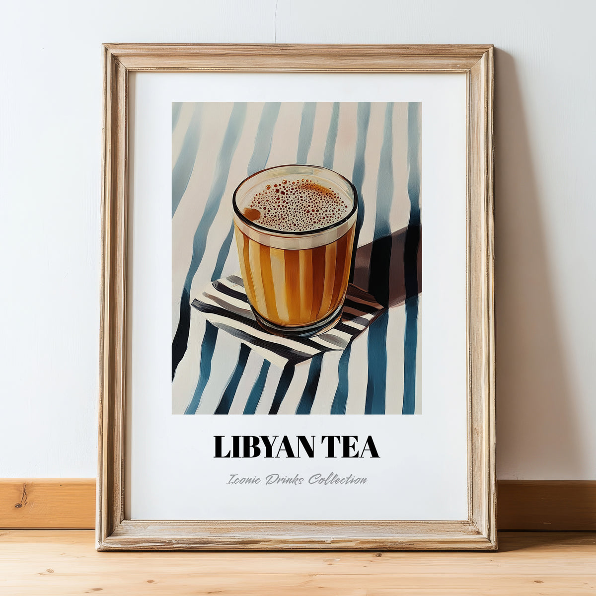 Libyan Tea – on Striped Tablecloth, Libyan Beverage Still Life, in wooden frame leaning on the floor