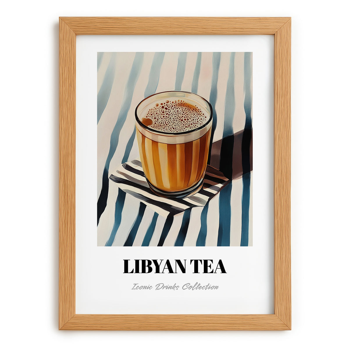 Libyan Tea – on Striped Tablecloth, Libyan Beverage Still Life, set in oak frame