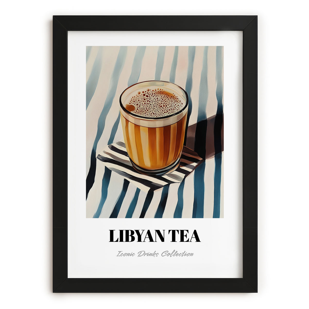 Libyan Tea – on Striped Tablecloth, Libyan Beverage Still Life, in sleek black frame