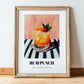 Rum Punch – on Striped Tablecloth, Jamaican Cocktail Wall Art, in wooden frame leaning on the floor