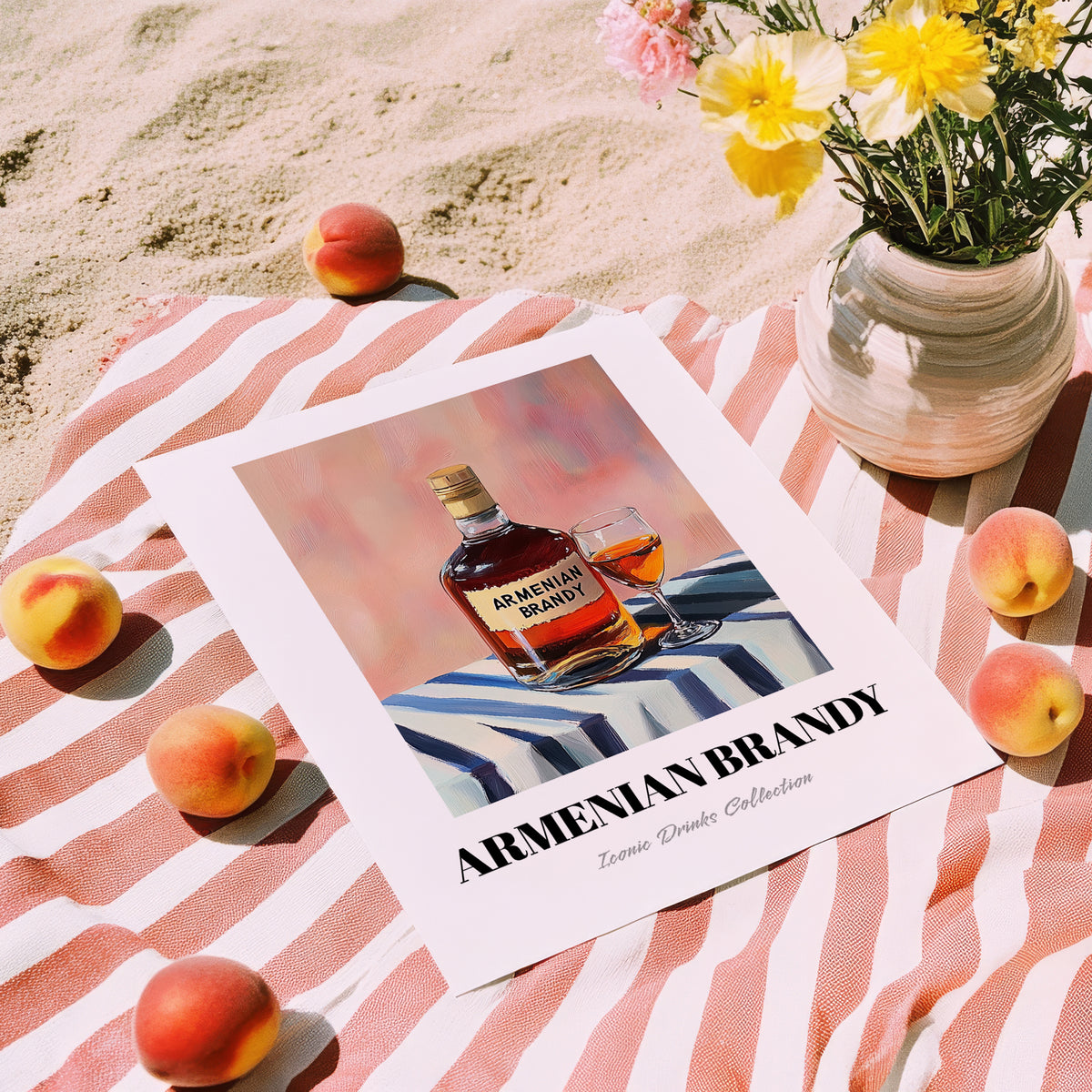 Armenian Brandy – on Striped Tablecloth, Armenian Spirit Wall Decor, unframed on coastal sand