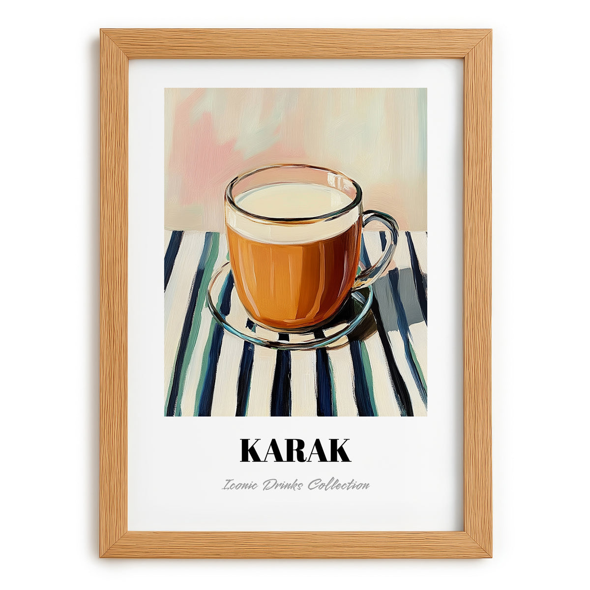 Karak – on Striped Tablecloth, Qatari Beverage Wall Decor, set in oak frame