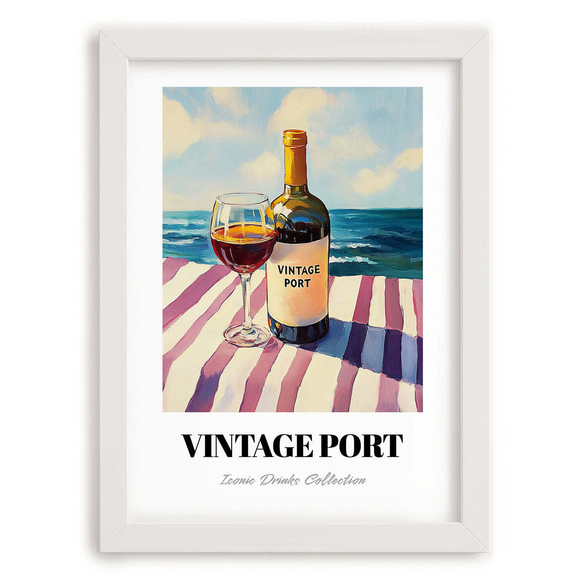 Vintage Port – Portuguese Seaside Café Scene, Portuguese Dessert Wine Painting, placed in minimal white frame
