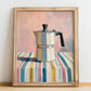 Coffee Pot – on Striped Tablecloth, Kitchen Utensils Wall Art, no-text version framed in wood