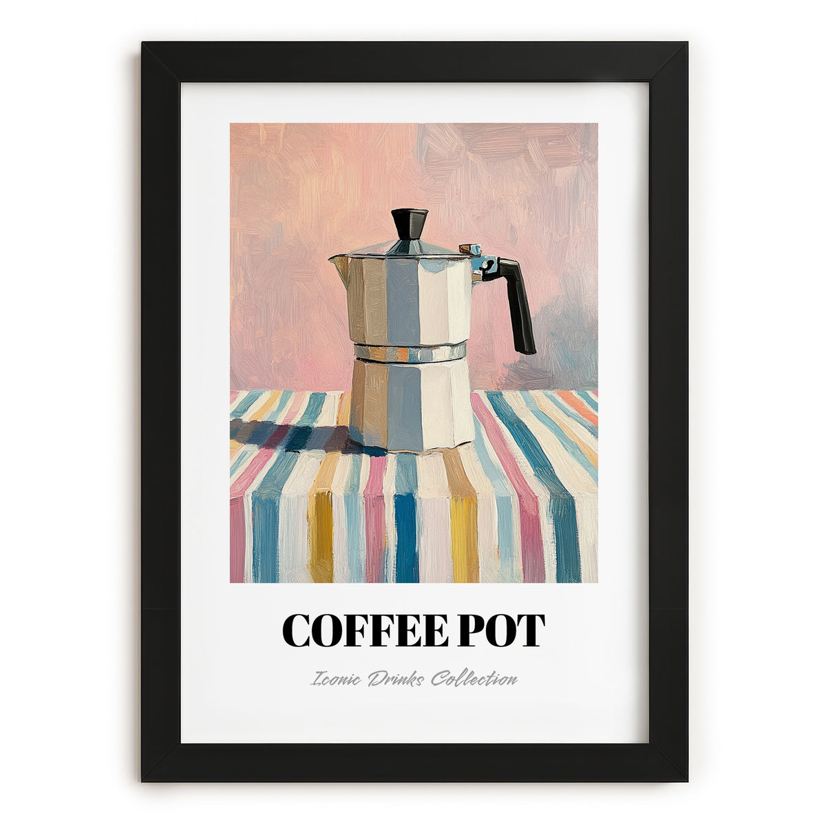 Coffee Pot – on Striped Tablecloth, Kitchen Utensils Wall Art, in sleek black frame