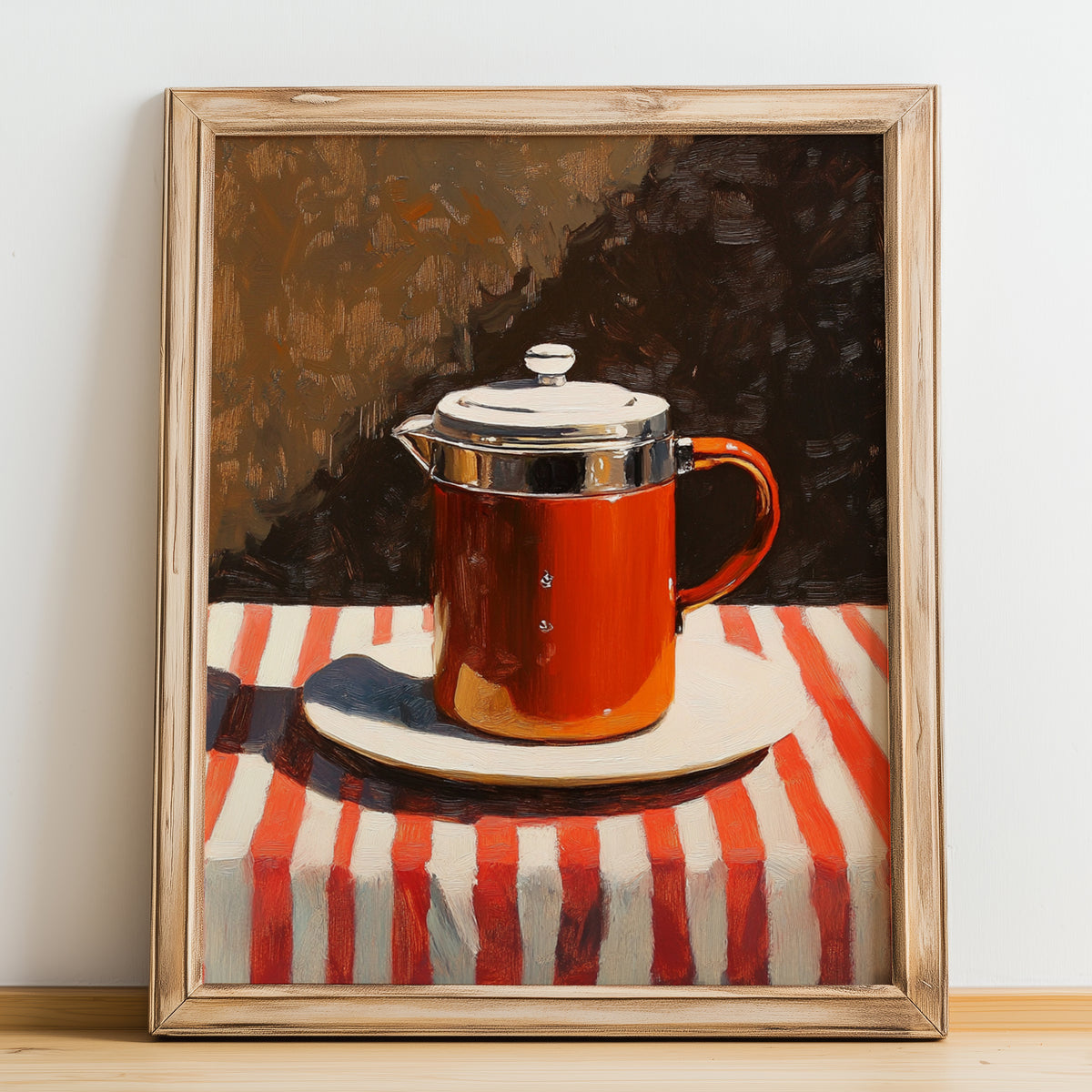 French Press – on Striped Tablecloth, Kitchen Utensils Print, no-text version framed in wood