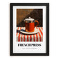 French Press – on Striped Tablecloth, Kitchen Utensils Print, in sleek black frame