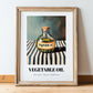 Vegetable Oil – on Striped Tablecloth, Pantry Print, in wooden frame leaning on the floor