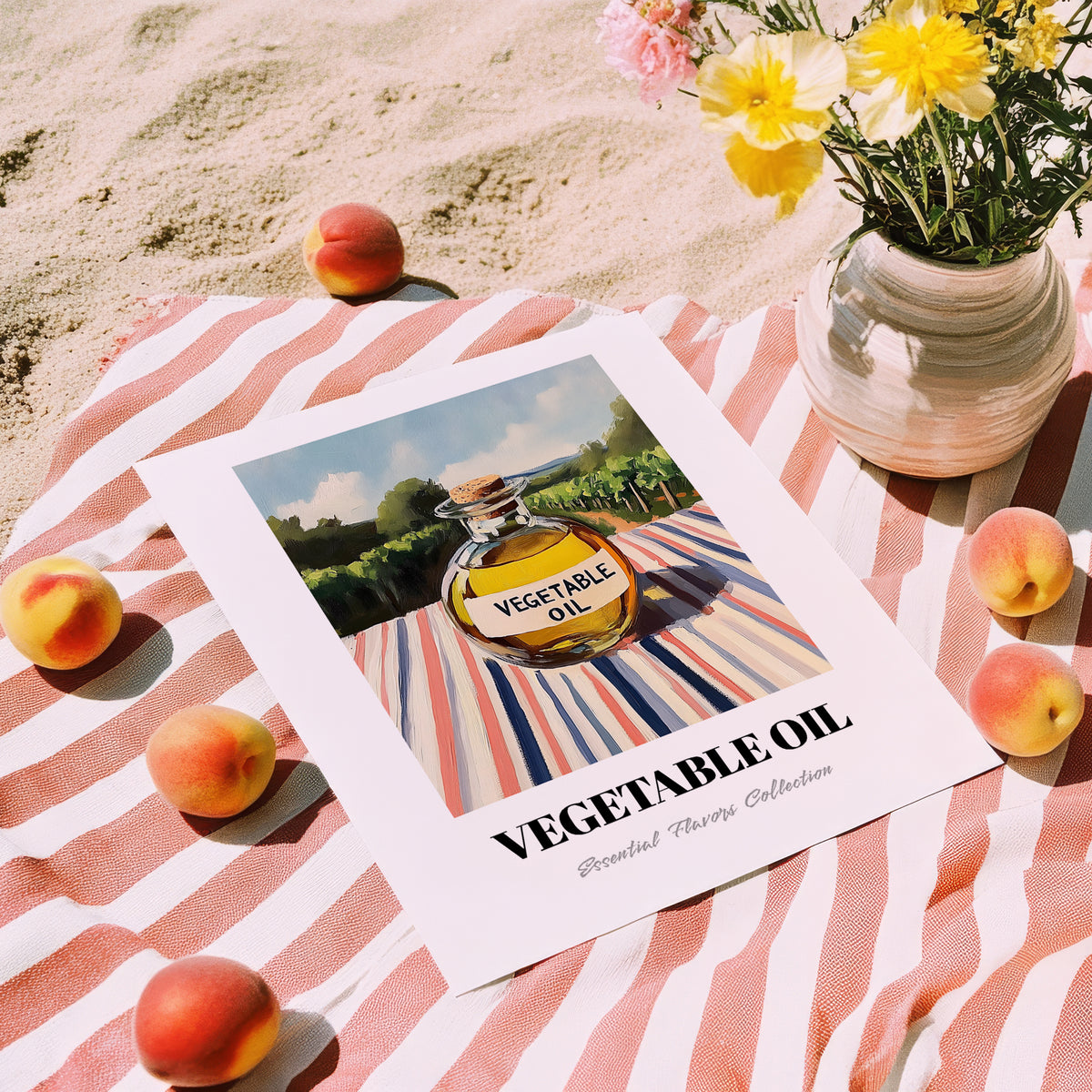 Vegetable Oil – Italian Hillside Café View, Food Shelf Still Life, unframed on coastal sand