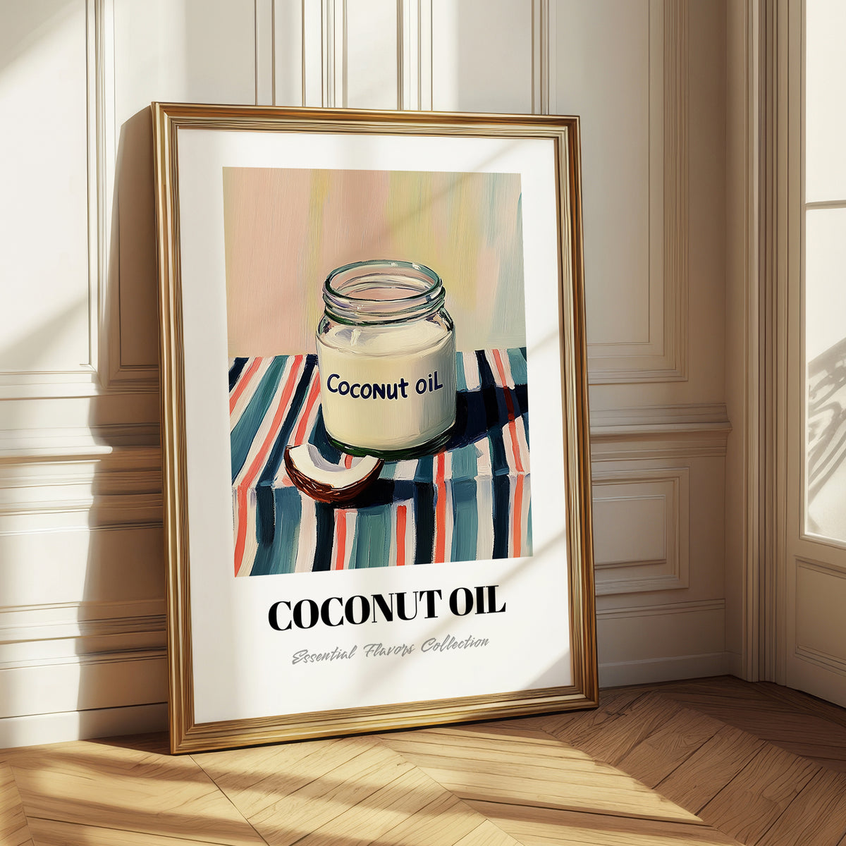 Coconut Oil – on Striped Tablecloth, Shelf Stock Wall Decor
