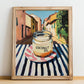 Coconut Oil – Italian Outdoor Café Scene, Larder Illustration, no-text version framed in wood